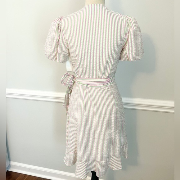 NWT Draper James RSVP Pink Green Striped Seersucker Puff Sleeve Wrap Dress, Sz S - Picture 6 of 10